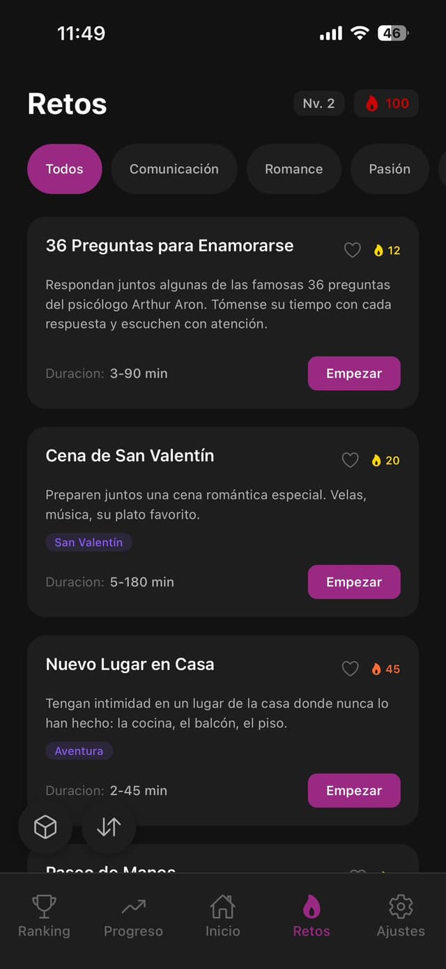 La Pepa App - Pantalla de retos con categorías y desafíos
